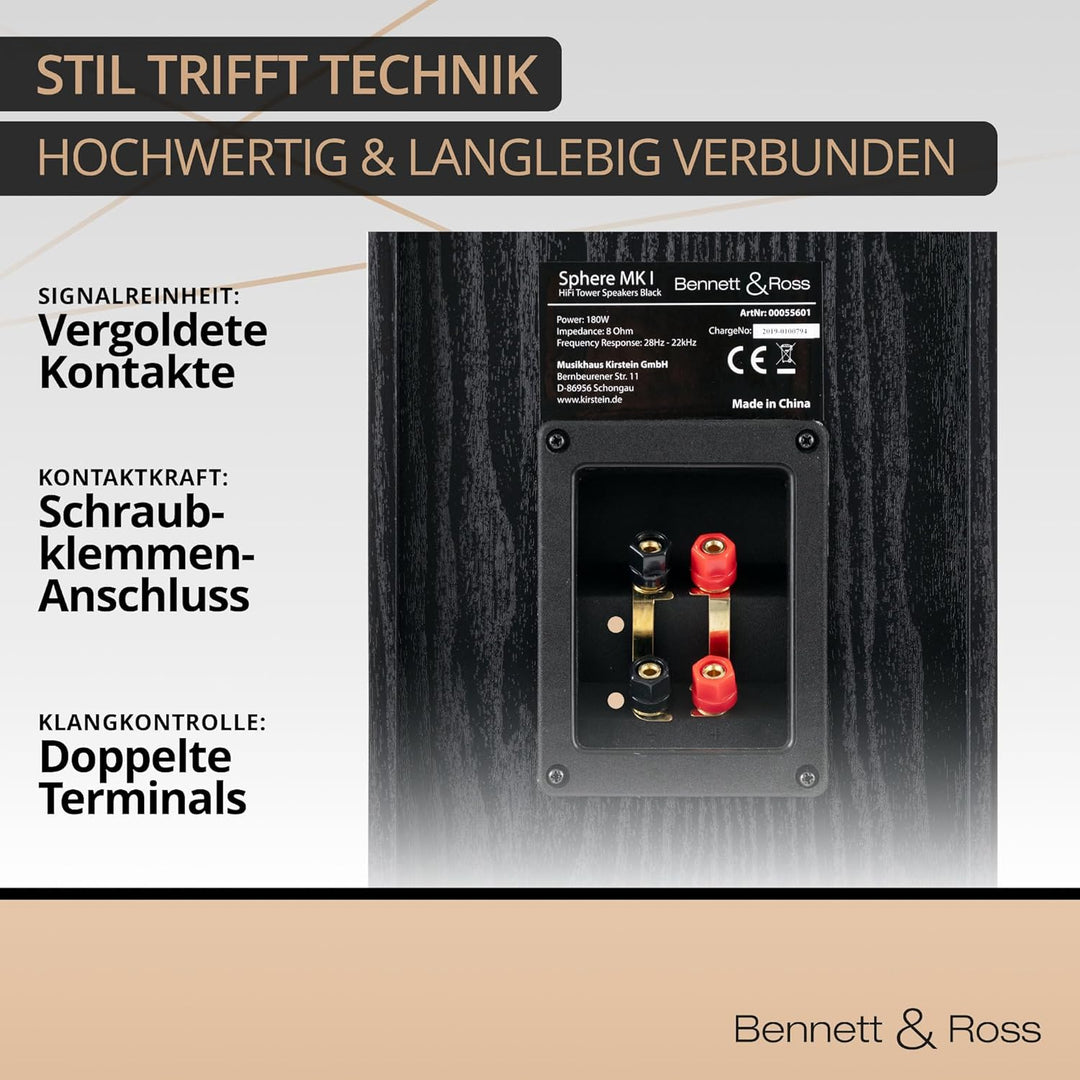 Bennett & Ross Radiant 3-Wege HiFi Standlautsprecher Paar (350W RMS, 6,5" Tieftöner, 6,5" Mitteltöne