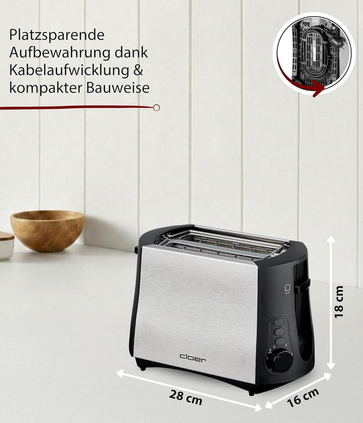 Cloer 3419 Toaster für 2 Toastscheiben, 825 W, integrierter Brötchenaufsatz, Nachhebevorrichtung, Kr