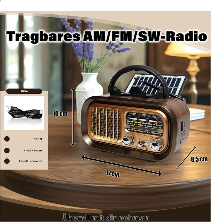 Retro Radio mit mit Solarzelle, AM/FM/SW Klein Radio Batteriebetrieben und Küchenausführung 1200mAh