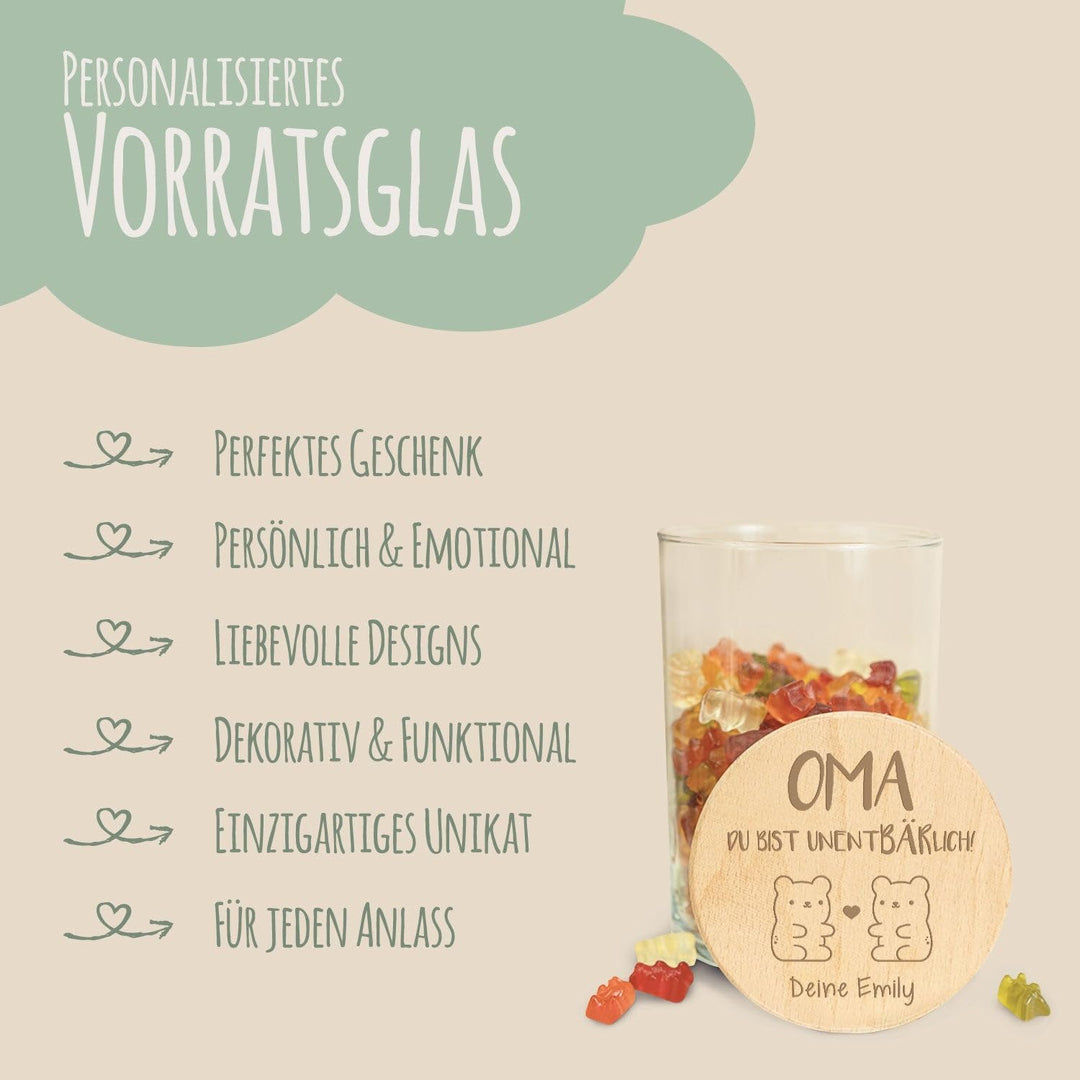 GRAVURZEILE Vorratsglas mit graviertem Holzdeckel - UnentBÄRlich Oma - Personalisiert mit Name - Kek