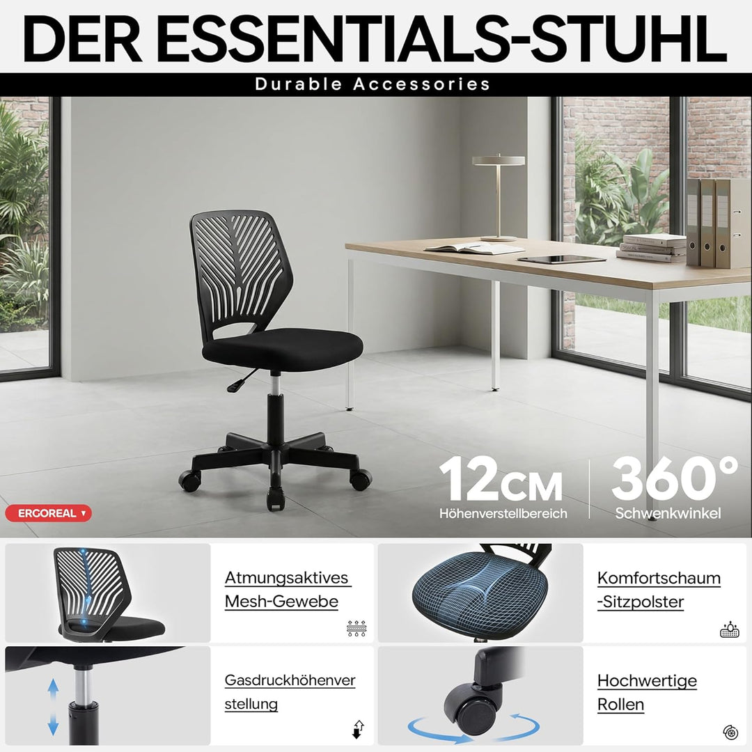 Ergonomischer Bürostuhl ohne Armlehne, Bürostuhl mit Rollen & Höhenverstellung, Bürostuhl Cozy mit E