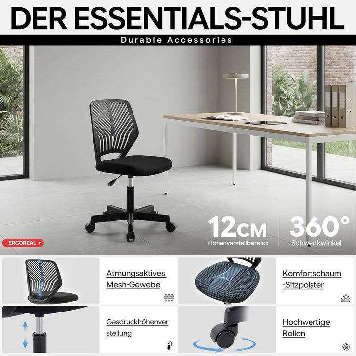 Ergonomischer Bürostuhl ohne Armlehne, Bürostuhl mit Rollen & Höhenverstellung, Bürostuhl Cozy mit E
