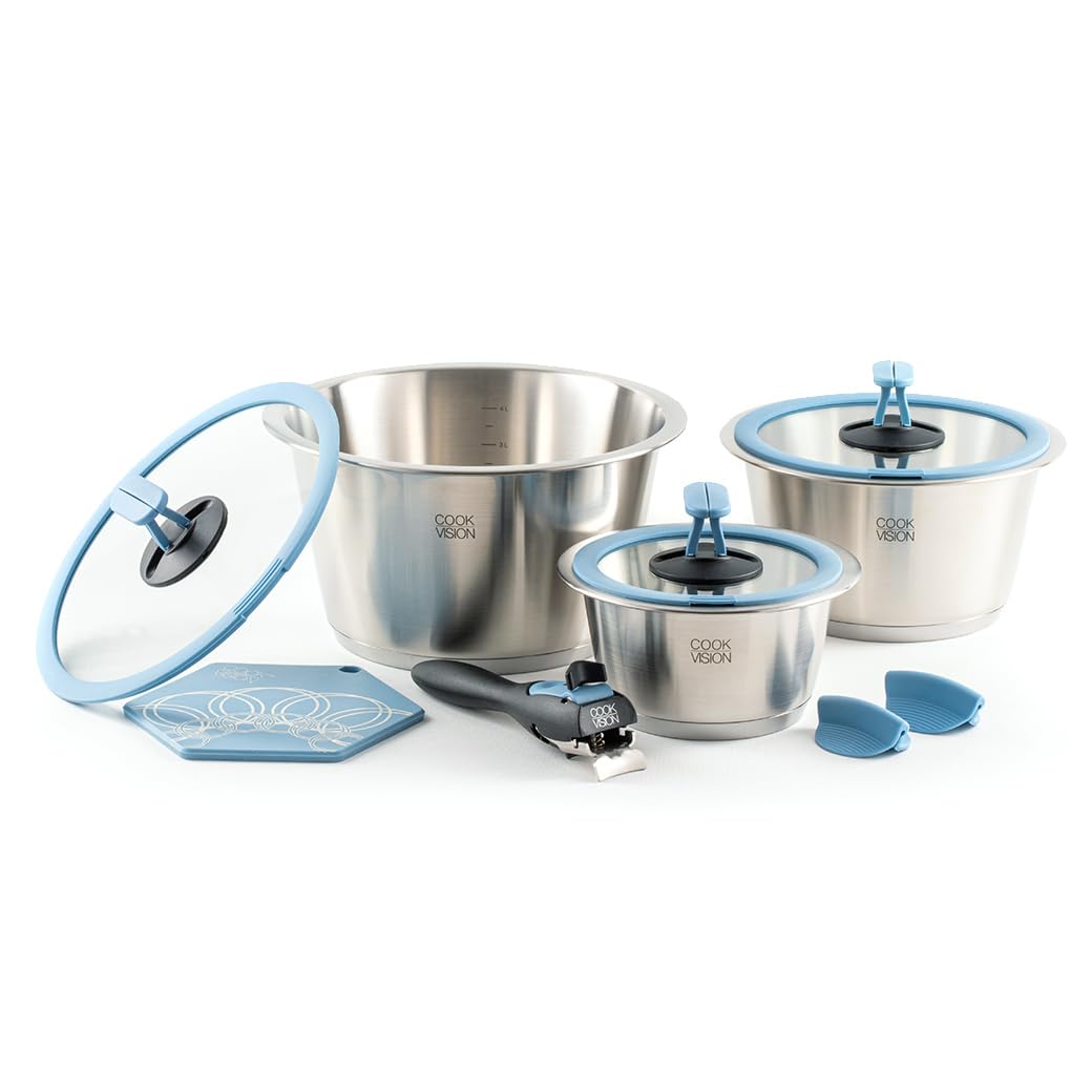 Topf-Set 10-tlg. blau, 3x Edelstahltöpfe für alle Herdarten, 3x Glasdeckel, 1x Griff, platzsparend,