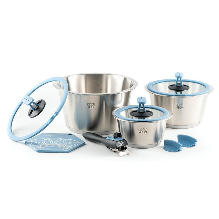 Topf-Set 10-tlg. blau, 3x Edelstahltöpfe für alle Herdarten, 3x Glasdeckel, 1x Griff, platzsparend,