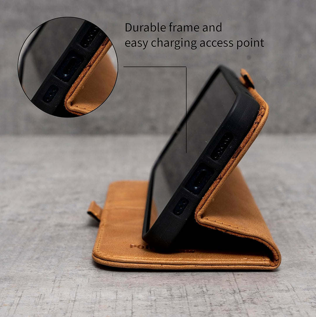 Porter Riley - Lederhülle für iPhone 13 Pro (6.1"). Premium Echtleder Standhülle/Ledertasche/Briefta