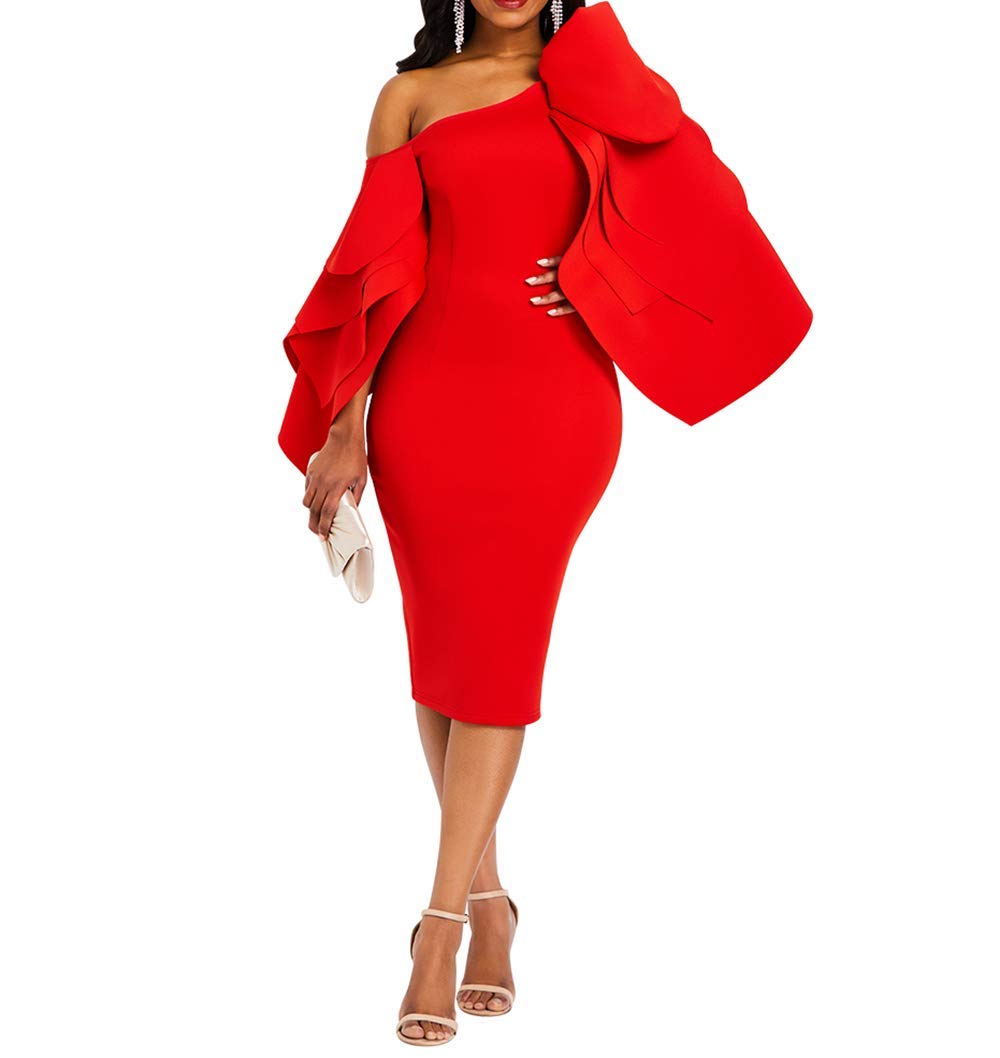 VERWIN figurbetontes Kleid für Damen, langärmlig, knielang, Rüschen, Ärmel, schulterfrei XXL Rot, XX