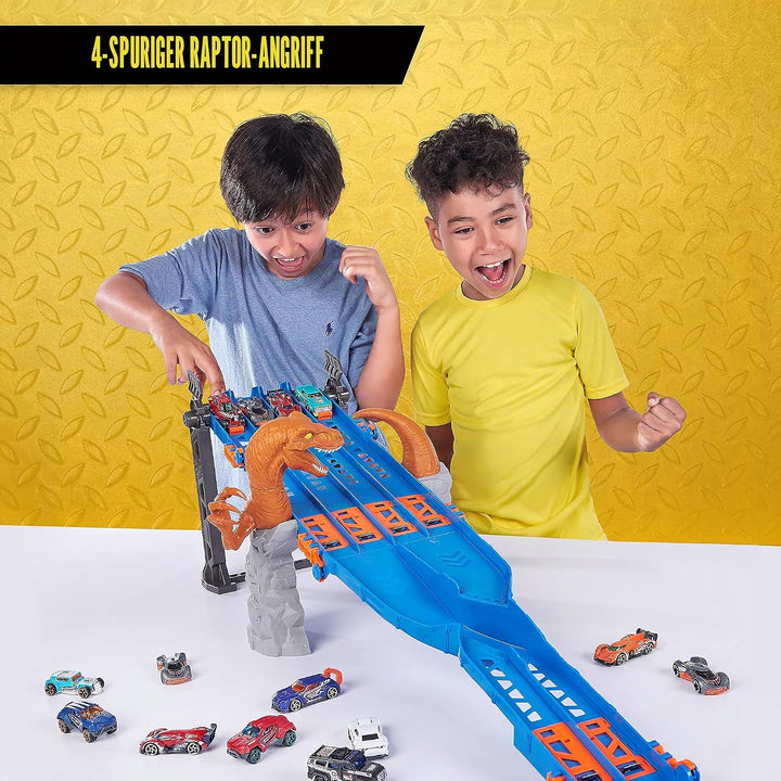 Metal Machines 4-Tracks Dinosaurier Raptor Attack Spielset mit Mini-Rennwagen