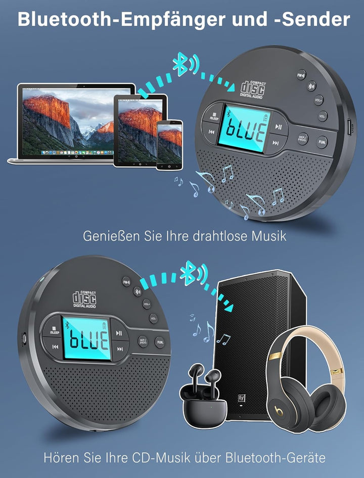 Walkman CD-Player mit Bluetooth - 2000mAh Wiederaufladbarer Discman CD-Player mit FM-Transmitter, Ko