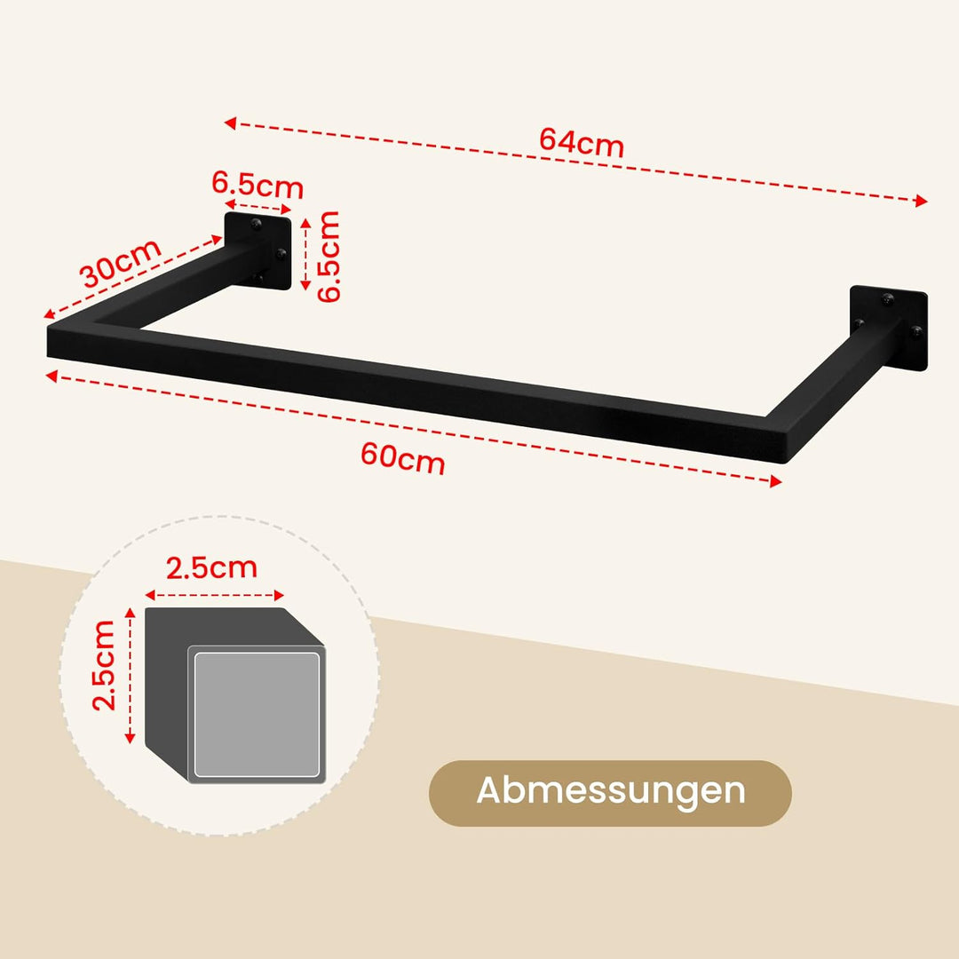 2er Set Kleiderstange Wand Rechteck, Garderobenstange Wandmontage, aus Industrierohr, platzsparend,