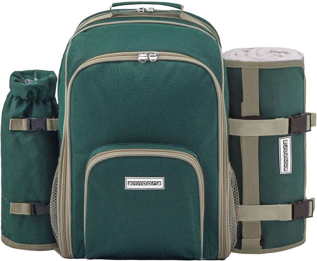 anndora Picknickrucksack Rucksack + 11 TLG. Zubehör f. 2 Personen + Picknickdecke - grün Grün Set