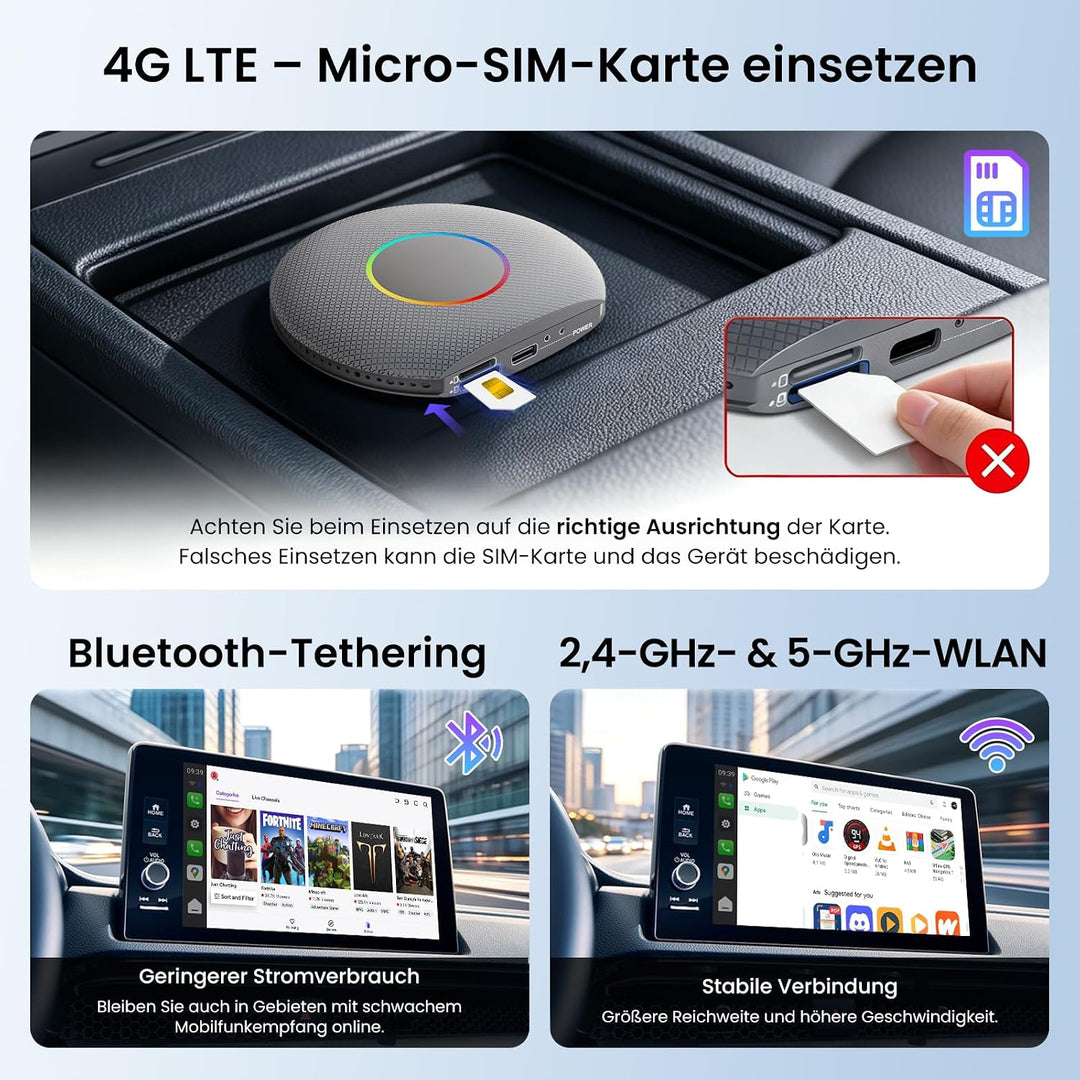 CarPlay Wireless Adapter Android Auto, 4GB + 64GB Smart AI Box für Video-Apps, CarPlay/Android Auto
