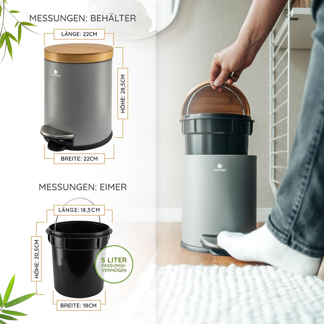 Exitoso 5L Mülleimer Bad Grau - Kosmetikeimer mit Bambus-Holzdeckel und Absenkautomatik - mit Rutsch