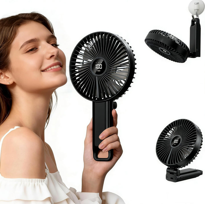 VanSmaGo Handventilator Akku Aufladbar, 5 Stufen USB Fan (Full Black) | Tisch/Hand/Reise, 8,5 Std. A