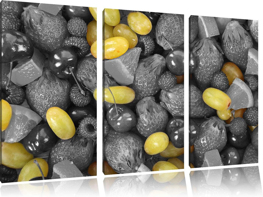 Bunter Obstmix mit Weintrauben schwarz/weiss 3-Teiler Leinwandbild 120x80 Bild auf Leinwand, XXL rie