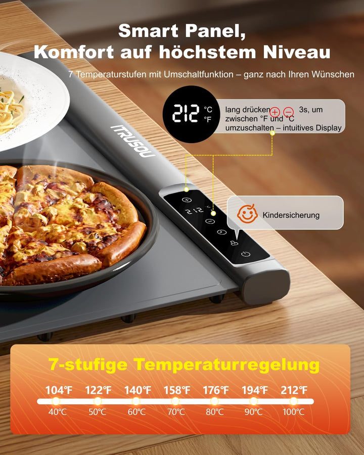 Erweiterbare Speisewärmerplatte 137x40 cm – Warmhalteplatte mit 7 Temperaturstufen, umschaltbar ℃/℉,