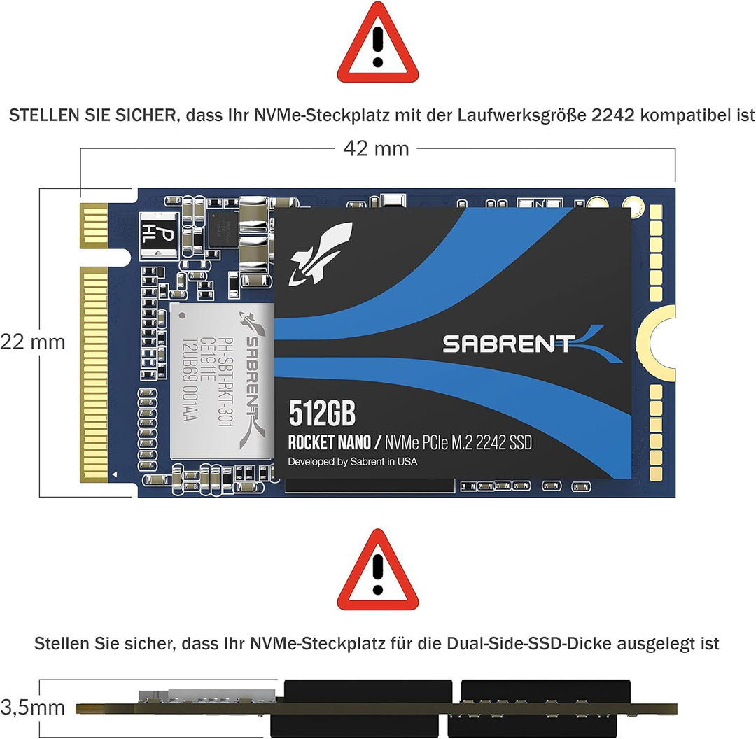 Sabrent 512 GB Rocket NVMe PCIe M.2 2242 DRAM-freie interne Hochleistungs-SSD mit geringem Stromverb