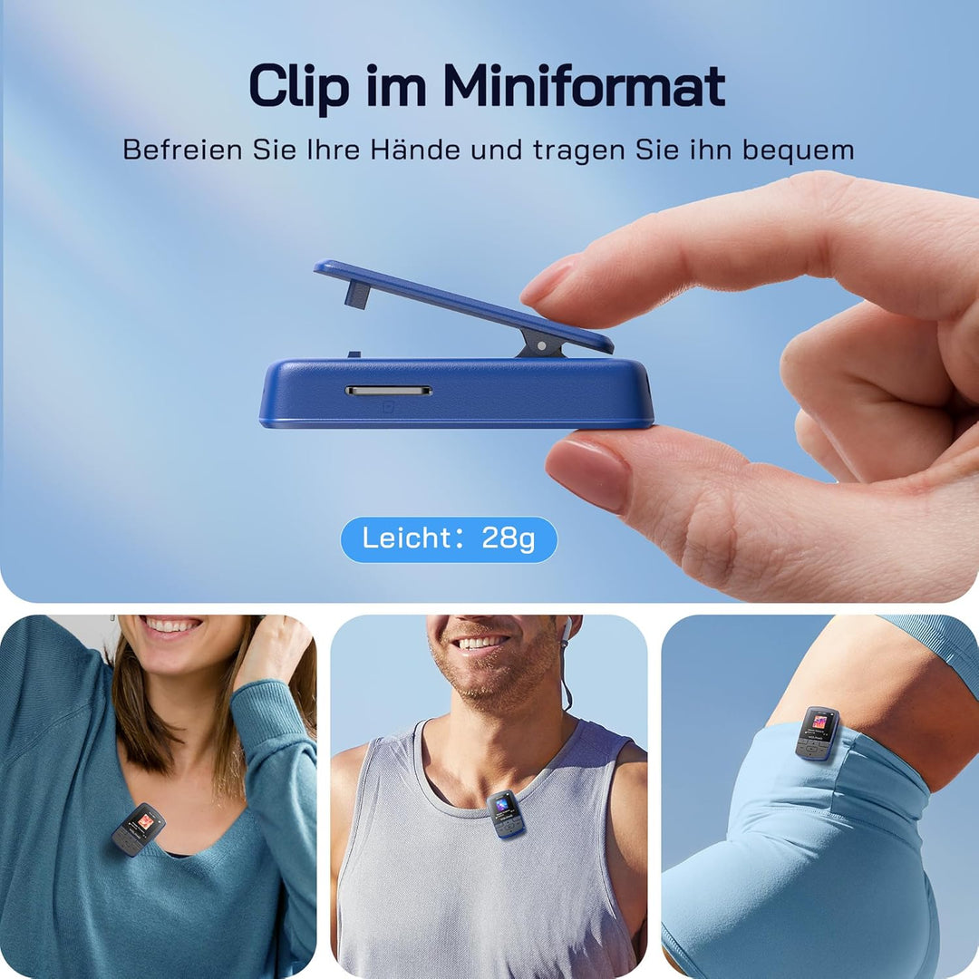 WOLFANG 64 GB MP3-Player mit Bluetooth 5.2, Sportclip, Mini-Grösse, Gewicht 28,3 g, HiFi FM-Radio, D
