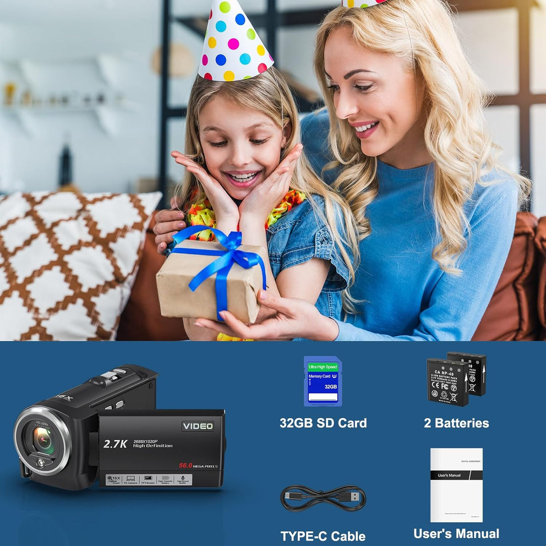 Videokamera 2.7K 56MP Camcorder 16X Digitalzoom Vlogging Camera mit LED-Fülllicht für YouTube, 2.8"