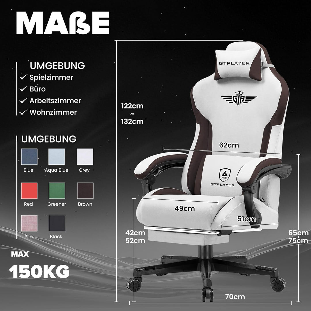 GTPLAYER Gaming Stuhl, Ergonomischer Gamer Stuhl aus Stoff mit Lendenwirbelstütze, PC-Stuhl mit verb
