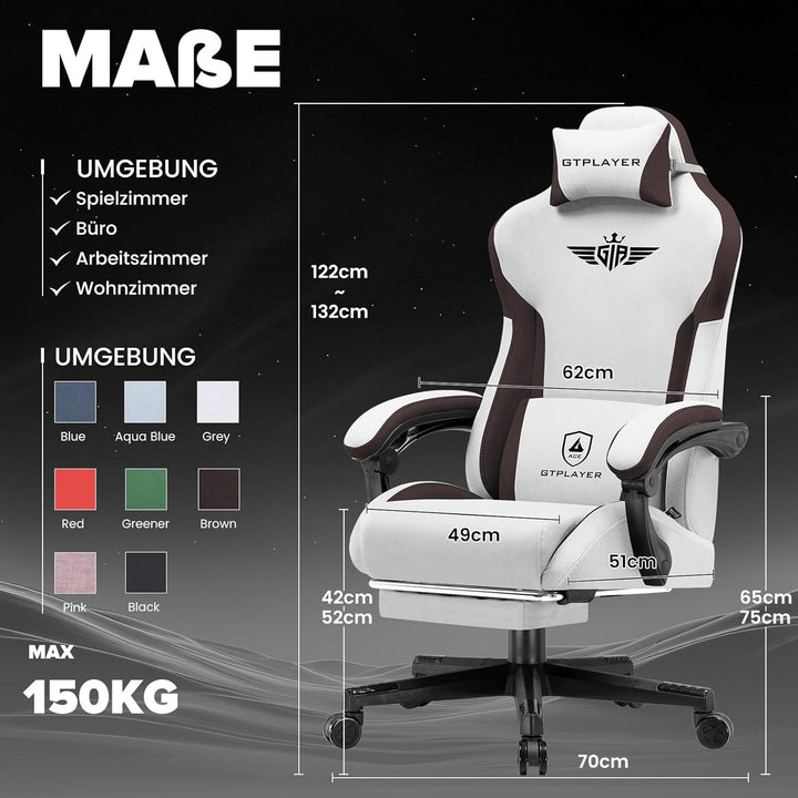 GTPLAYER Gaming Stuhl, Ergonomischer Gamer Stuhl aus Stoff mit Lendenwirbelstütze, PC-Stuhl mit verb