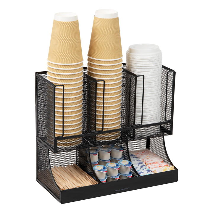 Mind Reader Aufbewahrungsbox für Pausenraum, Kaffee, Gewürze und Tassen, 6 Fächer, schwarzes Metallg
