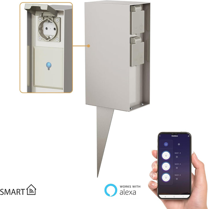 ledscom.de Garten-Steckdosensäule POMI mit Erdspiess für aussen, IP44, Smart Home, WLAN, Alexa, 3-Fa