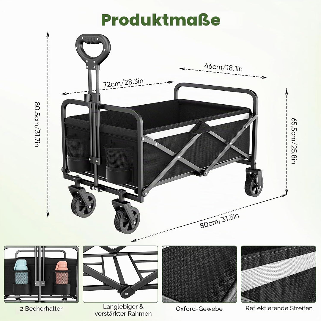 Bollerwagen Faltbar 70L/70KG Tragkraft – mit Bremsen, Handwagen mit Klappbarem Griff &amp; Abnehmbaren R