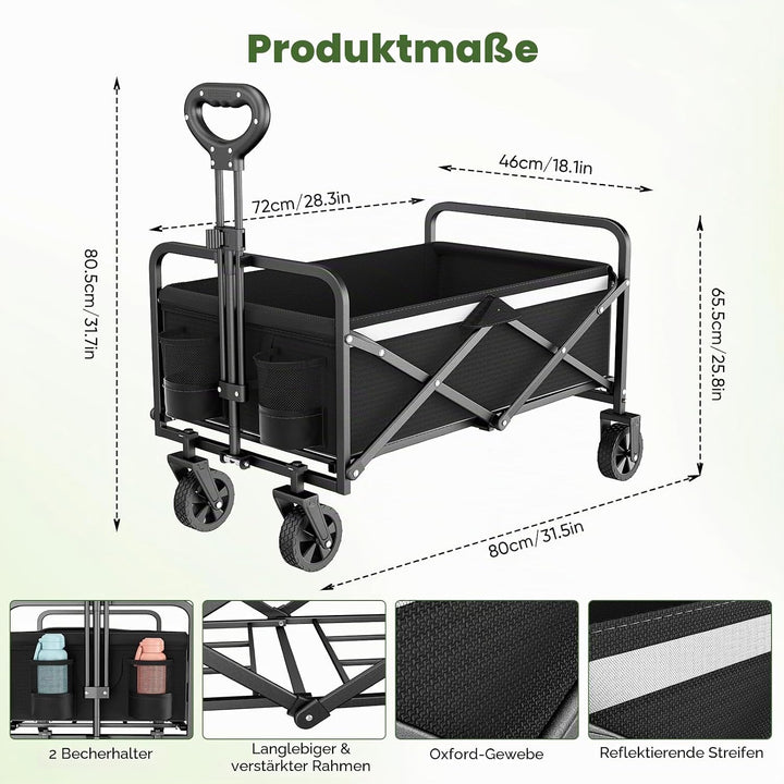 Bollerwagen Faltbar 70L/70KG Tragkraft – mit Bremsen, Handwagen mit Klappbarem Griff &amp; Abnehmbaren R