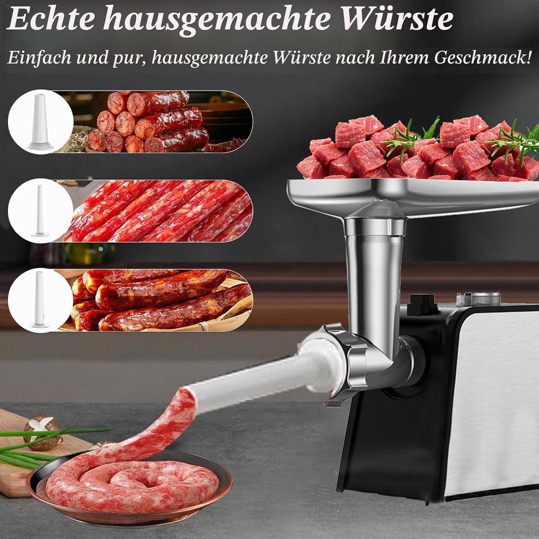 Fleischwolf Elektrisch, 3 in 1 Elektrischer Fleischwolf mit 3 Platten, Wurstfüller und Kubbe Kit, Ha