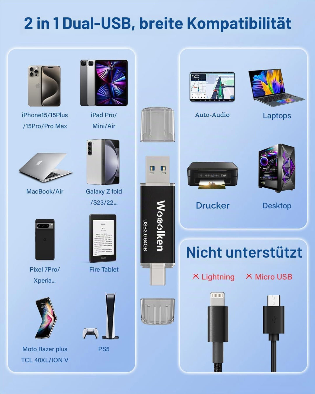USB C Stick 64GB 3.0 OTG 2 Stück,WOOOLKEN 2er Pack Type-C (2-in-1 USB-Stick z.B.für Android Handy, T