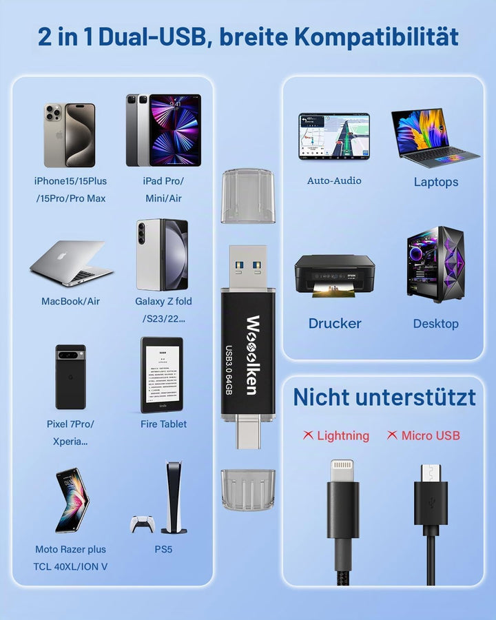 USB C Stick 64GB 3.0 OTG 2 Stück,WOOOLKEN 2er Pack Type-C (2-in-1 USB-Stick z.B.für Android Handy, T