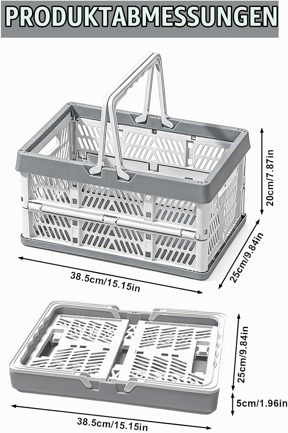Klappkorb Faltbar, 2er Set Klappbox Klein mit Henkel 19 L Grau, Multifunktionaler Aufbewahrungskorb