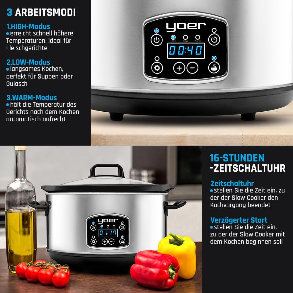 Yoer Clever-Cook SC4502S, Slow Cooker, 280W, 4,5L, Multifunktional, ECO, 16-Stunden-Timer, LCD-Displ