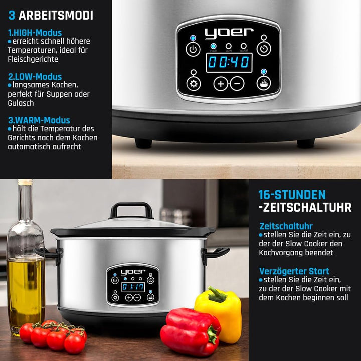 Yoer Clever-Cook SC4502S, Slow Cooker, 280W, 4,5L, Multifunktional, ECO, 16-Stunden-Timer, LCD-Displ