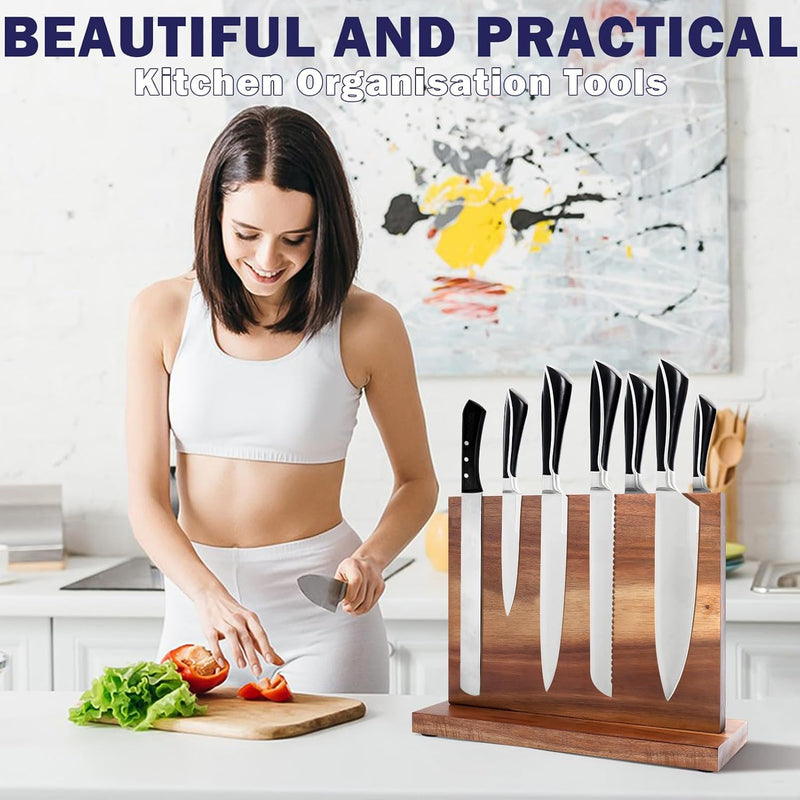 Gugxiom Double Sided Messerblock Magnetisch, Acacia Wood Magnetic Knife Holder, Magnetic Knife Block