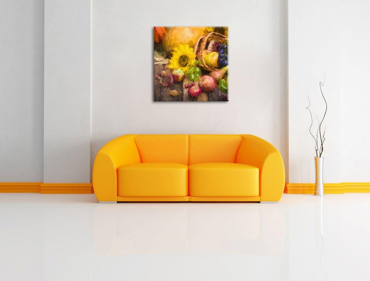 Pixxprint Herbstlicher Obstkorb Pinsel Effekt, Format: 70x70 auf Leinwand, 70x70