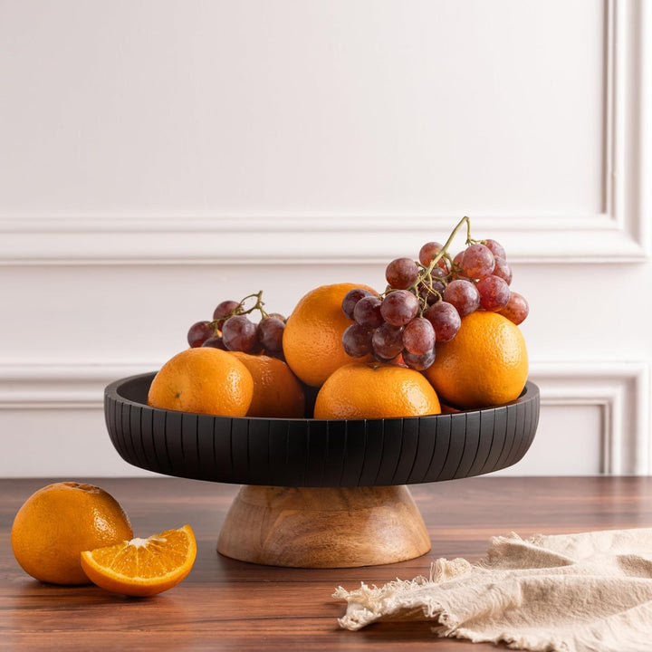 Obstschale aus Mangoholz, dekorative schwarze Schale mit natürlichem Sockel, 30,5 cm Durchmesser, zw