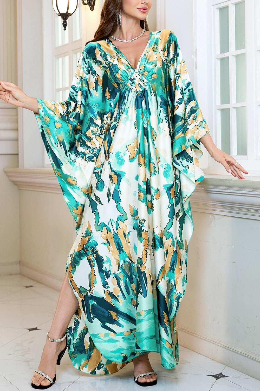 Damen Kaftan Maxi Loungewear Boho Homewear Übergrosse Kimono Cardigan Strandkleid Cover Ups Robe Ein