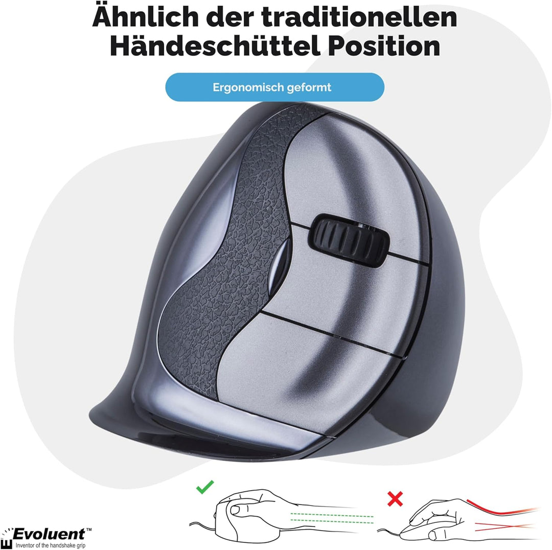 Evoluent VerticalMouse D Kabellose USB Maus für Rechtshänder, Grösse M, VMDMW, Schwarz, Silber, Grau