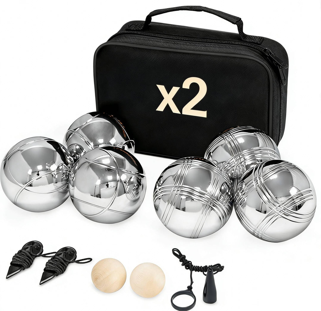 2x Boule Set, 12 Boccia Kugeln für 2-6 Spieler, Metallkugeln Boccia Spiel mit 2 Tragetasche, 4 Zielk