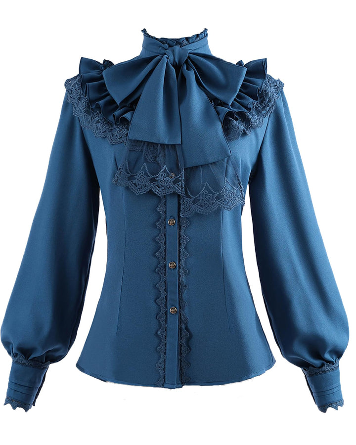 CR ROLECOS Viktorianische Bluse Damen Stehkragen Damen Mittelalter Rüschenbluse Vintage Bluse Blau M