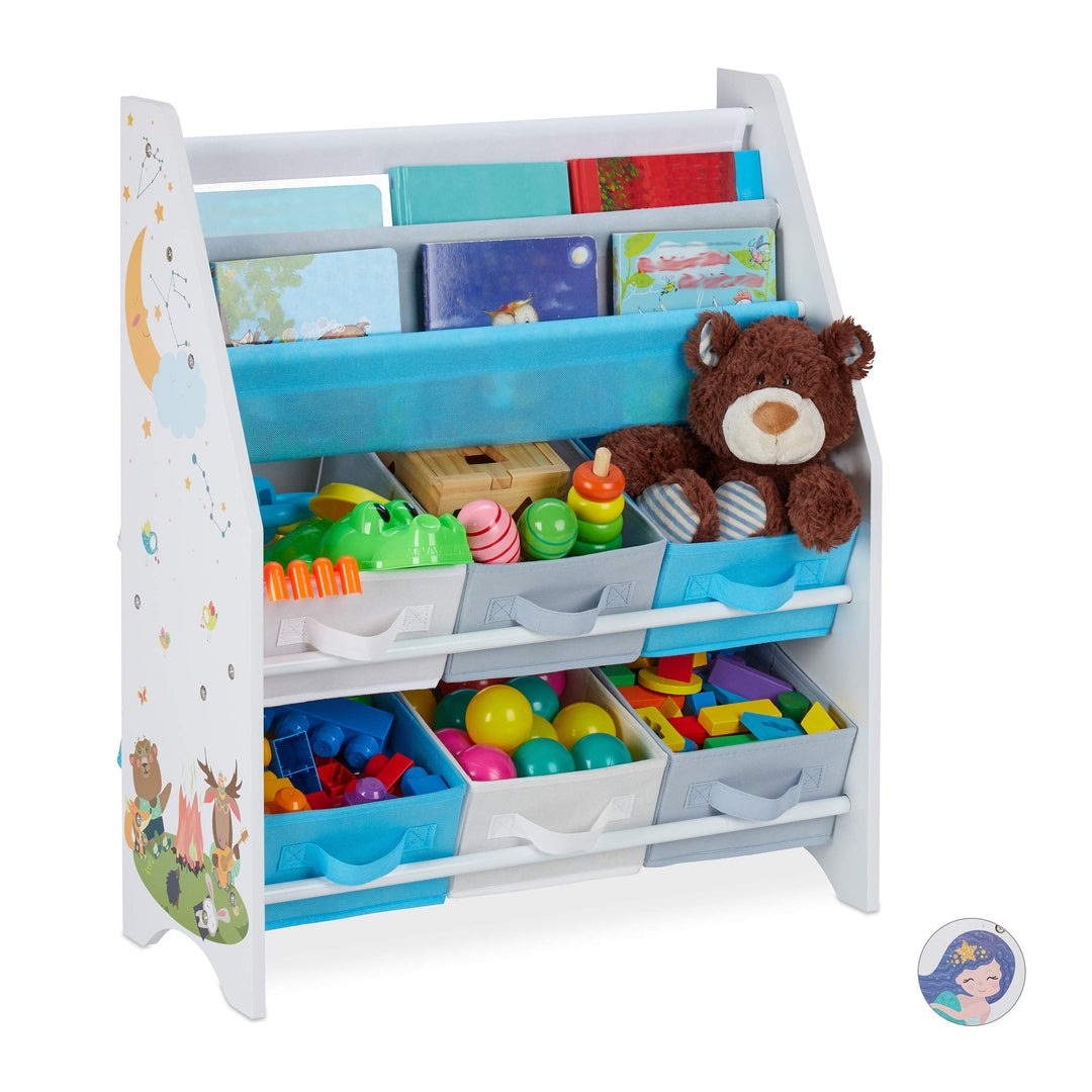 Relaxdays Kinderregal, Tiere Motiv, 6 Boxen, 2 Fächer, Kinderzimmer, Spielzeug Aufbewahrung HBT 74 x