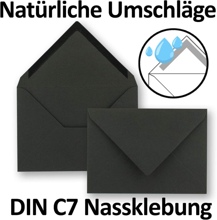 100x kleine Umschläge aus Kraftpapier in Schwarz DIN C7 8,1 x 11,4 cm mit Spitzklappe und Nassklebun