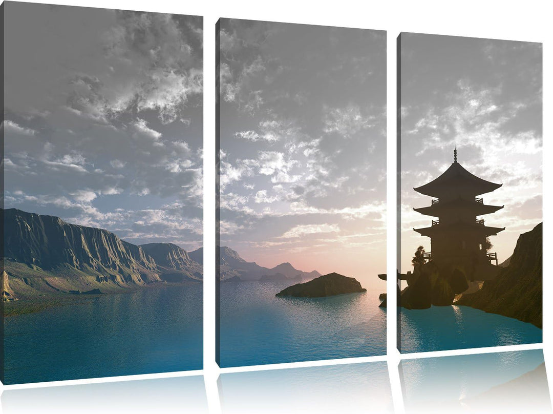 Pixxprint Tempel in Tal / 3-Teilig/Gesamtmass 120cm Leinwandbild bespannt auf Holzrahmen/Wandbild Ku