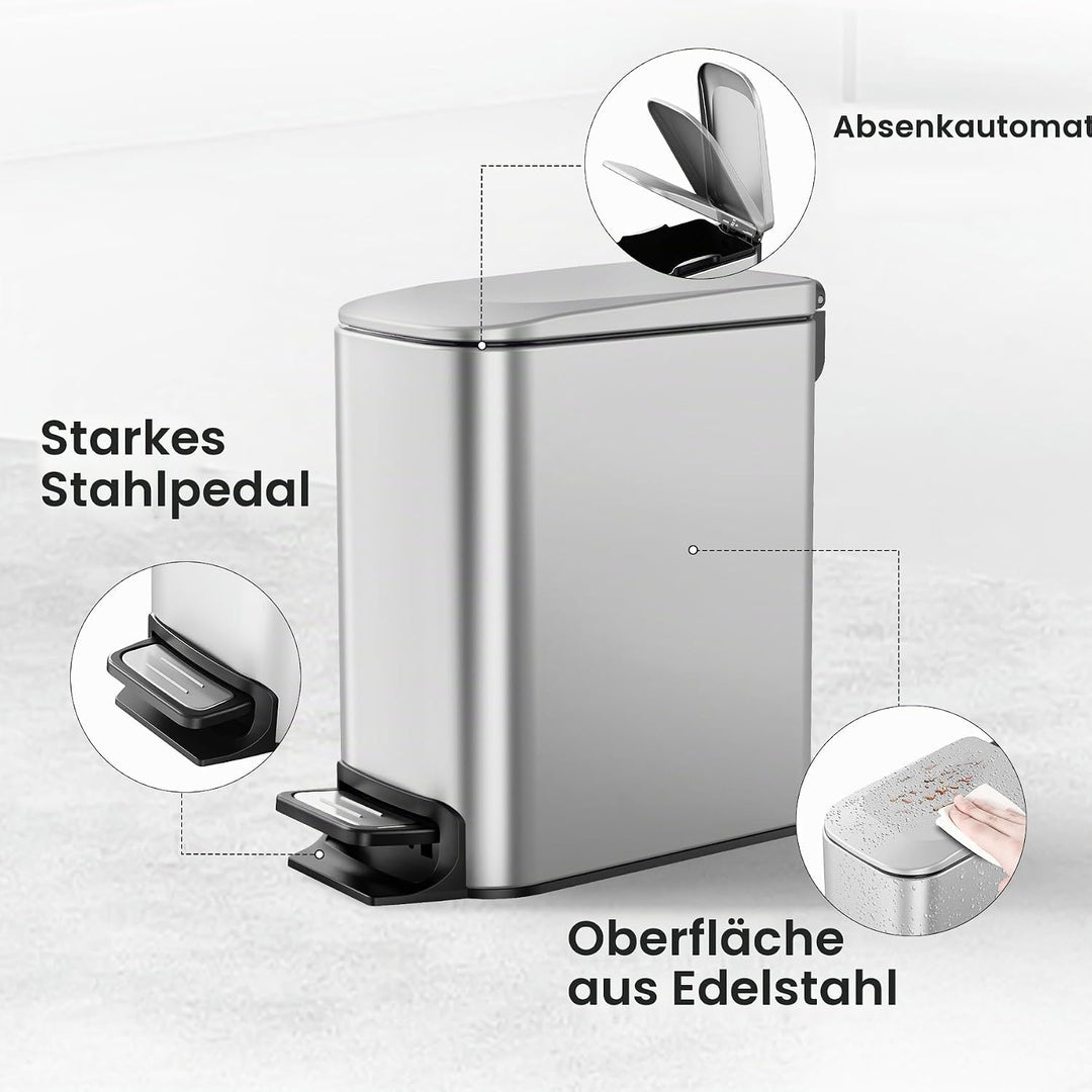Cesun Kleiner Badezimmer-Abfalleimer mit Deckel Soft Close, Trittpedal, 6 Liter, Edelstahl Mülleimer
