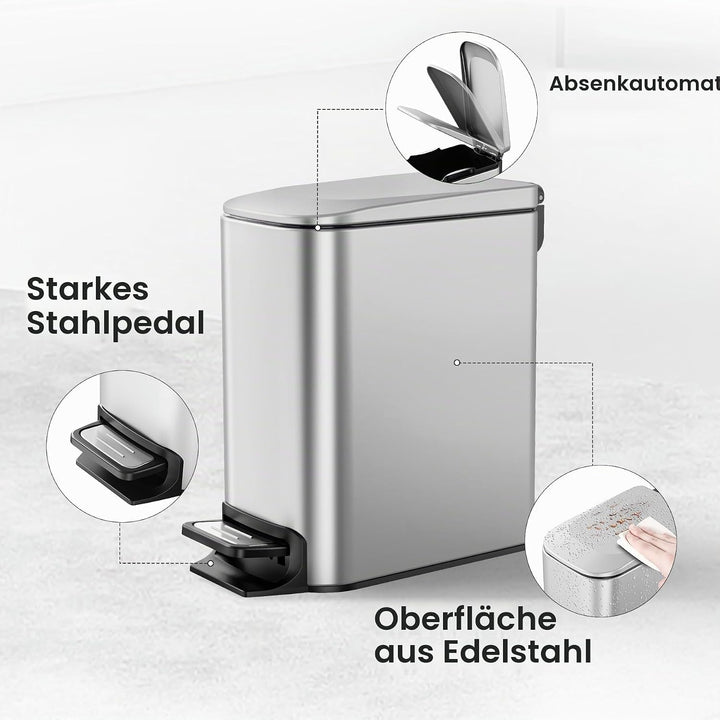 Cesun Kleiner Badezimmer-Abfalleimer mit Deckel Soft Close, Trittpedal, 6 Liter, Edelstahl Mülleimer