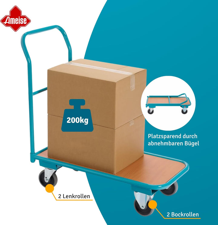 Ameise Magazinwagen | 200 kg Tragkraft | HxBxT 91 x 45 x 95 cm | Ladefläche BxT 45 x 85 cm | 4 TPE-R