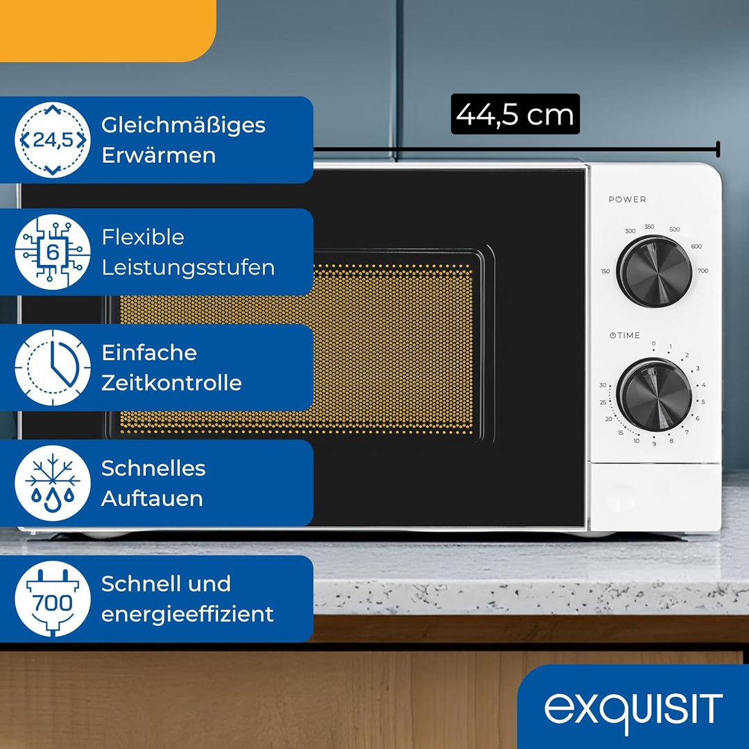 Exquisit Mikrowelle, 24,5 cm Drehteller, 20 Liter, 700 Watt, 5 Leistungsstufen, Timer, Auftaufunktio