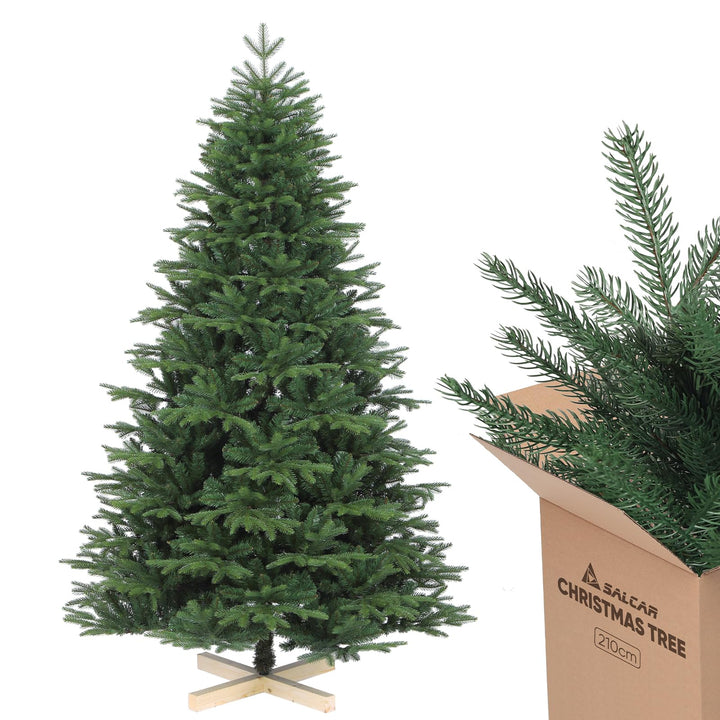 SALCAR Weihnachtsbaum Künstlich 210 cm, Künstlicher Tannenbaum aus PE & PVC mit Handschuhen und Holz