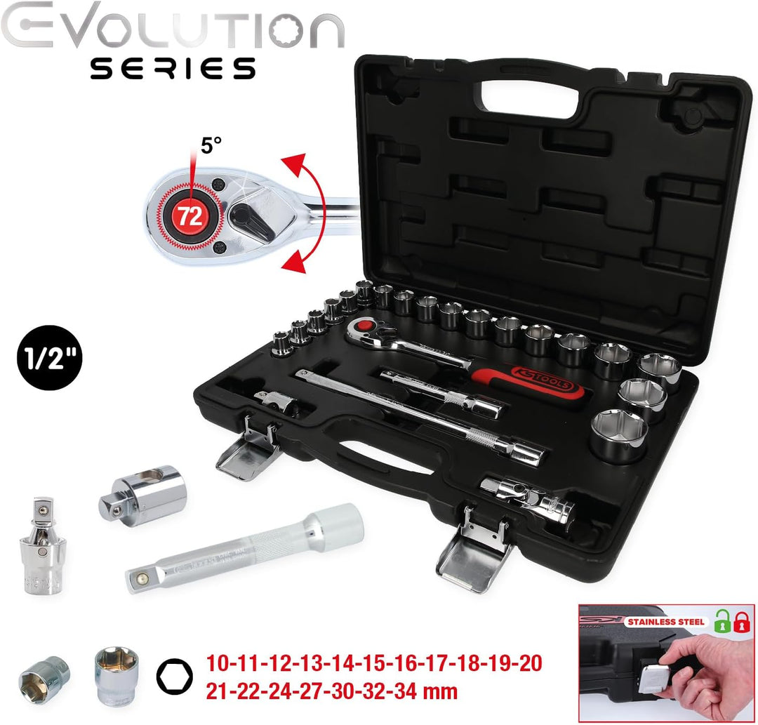 KS Tools 918.0623 1/2 Zoll CHROMEplus Steckschlüssel-Satz | inklusive Umschaltknarre, 72-Zahn | hoch